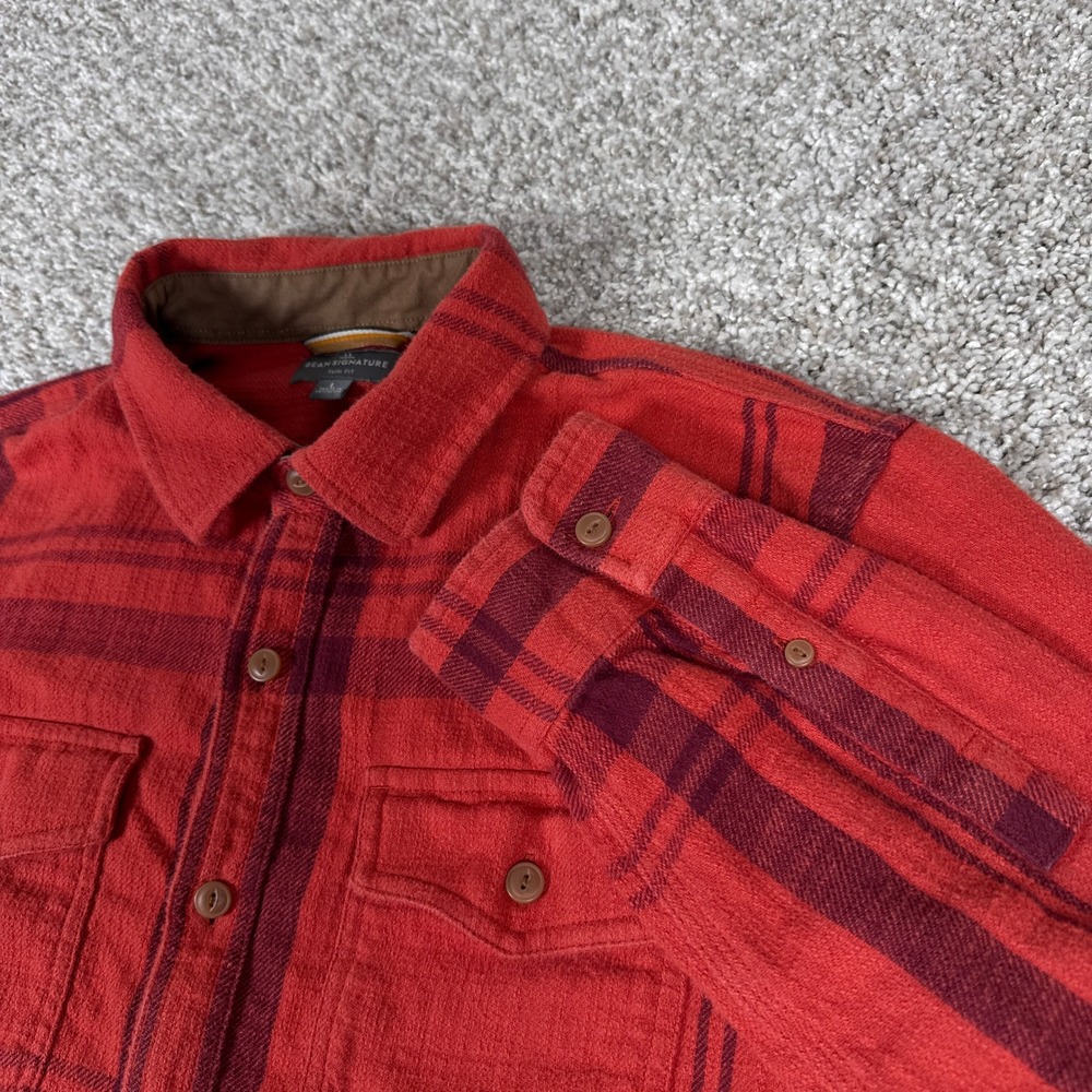 LL Bean Signature Flannel Mens L Orange Red Plaid 100% Cotton Slim Fit Button Up